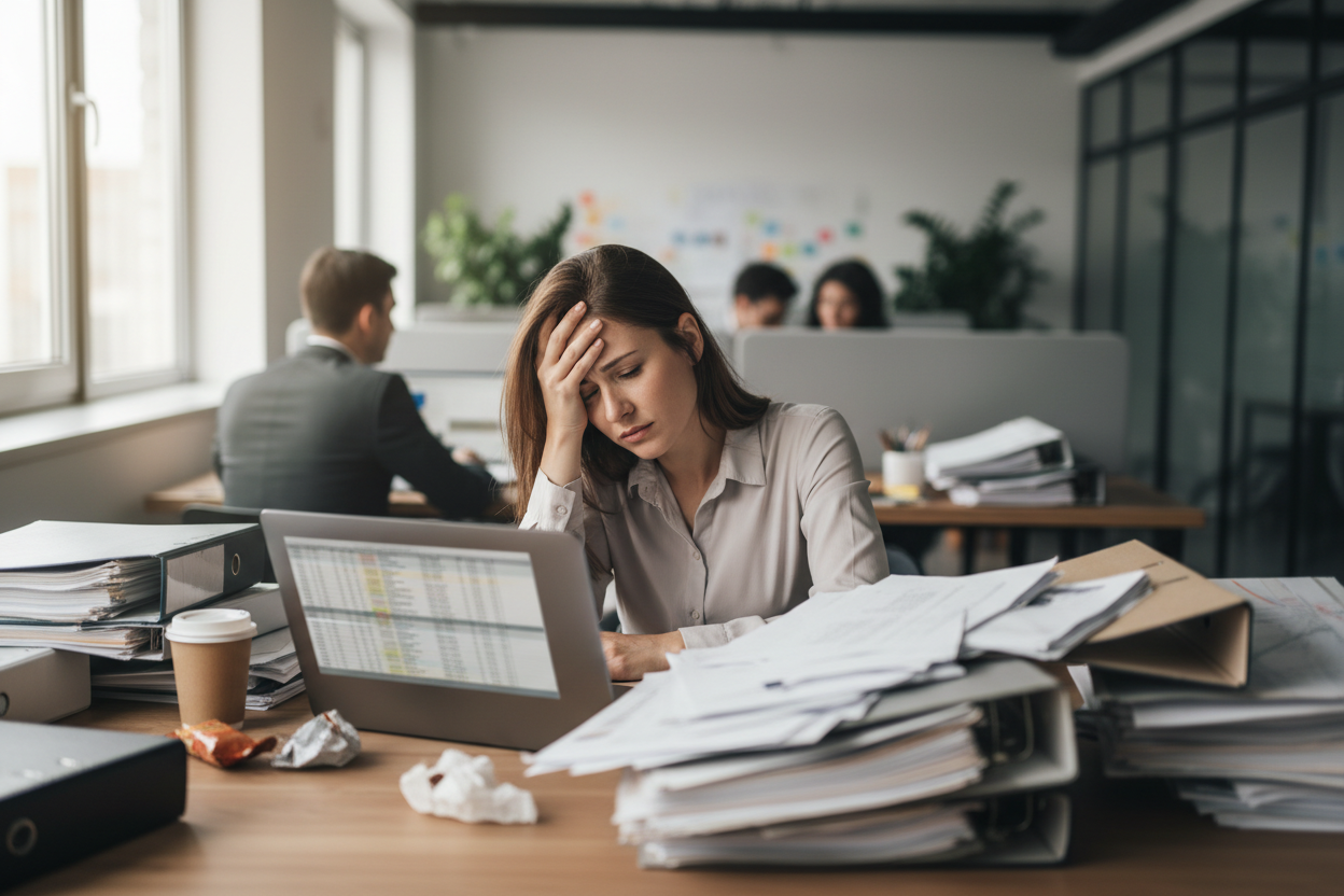 woman struggling sitting at her desk